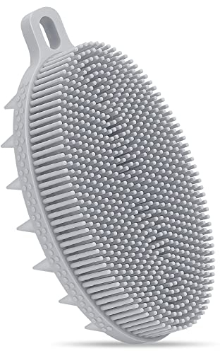 Hience 2-in-1 Silicone Body Scrubber Exfoliator, Bath Shower Body Cleansing Brush and Hair Scalp Massager Shampoo Brush, Care for Skin and Scalp, Hygienic and Long-Lasting, Men Women Kids, Grey