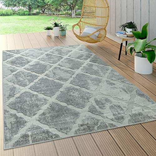 Paco Home Outdoor Teppich Wetterfest Wohnzimmer Balkon Küche Orientalisch Ornament Skandinavisch Geometrisches Muster 3D Effekt Modern, Grösse:200 cm Rund, Farbe:Grau 2