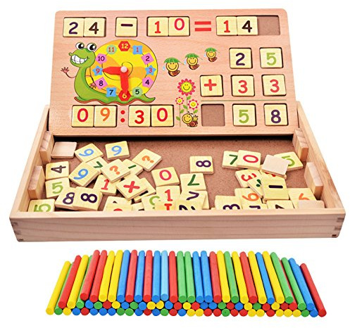 Flex Montessory Durable Wooden Educational Maths Toy Math Box with Counting Sticks Maths Games with Black Board Chalk Learn Clock Boys Girls Aged 3 4 5 6 years learn Numbers Addition Subtraction