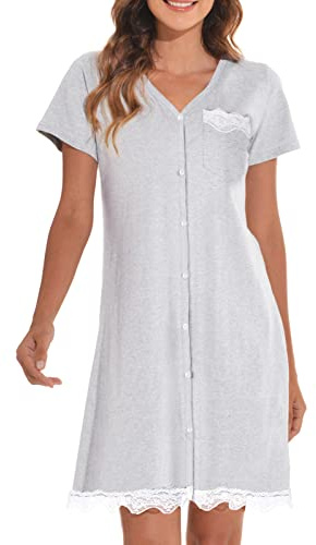 RITOSTA Camicia da Notte Donna Estiva Vestaglia Maniche Corte Vestito da Notte con Tasche Bottoni Pizzo Pigiama Caldo Morbido per Casa Premaman Allattamento(B,M)