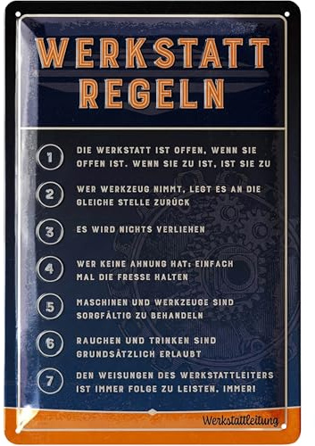 LANOLU Retro Blechschild Werkstatt Schild - lustige Werkstattregeln für Männer mit den 7 wichtigsten Regeln für die Werkstatt - KFZ Mechaniker Geschenk - vintage Deko Metallschild 20x30cm