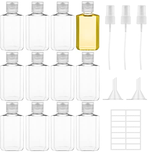 Ysimple 12 Pièces Flacons Vide de Voyage, Bouteille Contenant Plastique 60ml, Vides Petit Flacon Transparent, Ensemble Flacon Spray Vide Avec Arroseur, Entonnoir, Étiquette pour Les Voyages en Avion