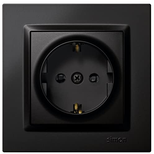 SIMON - Enchufe de Empotrar Schuko, Serie Simon 10, 250V, 16 A, Enchufe de Pared Plano y Fino, Fácil de Instalar, Incluye Marco, Tapa y Mecanismo, Base de Enchufe Hembra Color Negro