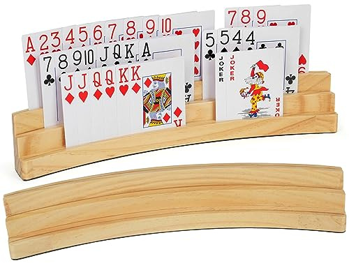 LotFancy Playing Card Holders for Kids Adults Seniors, Set of 2, 3 Tiers, Hands Free Curved Wooden Card Holder for Family Card Game Night, Canasta, Bridge, Poker Parties