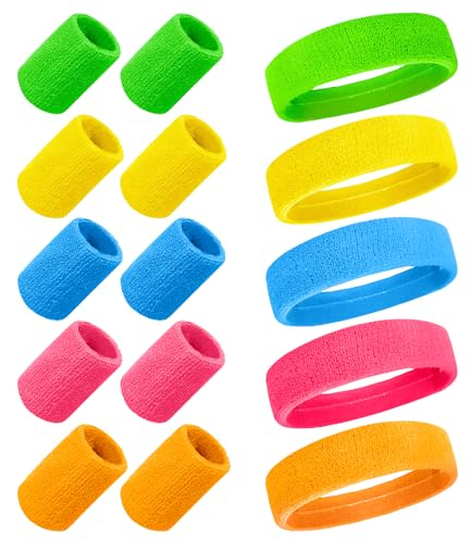 Riisoyu 15 Pcs Muñequera 80s Set, Diadema Sudor Conjunto Diadema Deportiva Deportivo Sweatbands Color Neón Muñequeras Gym Accesorios Fiesta Retro para Mujeres Hombres