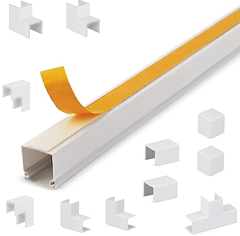 Lion Electric Canalina per cavi bianca, autoadesiva, 15 x 10 mm, 4 x 1 m, con connettori, per nascondere i cavi, con nastro adesivo in schiuma extra forte per il montaggio senza fori, per parete,