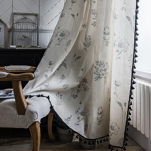 iyoimono Boho Vorhänge Beige Schwarz Blumen Blickdicht Gardinen mit Quaste Baumwolle Leinen Landhausstil Häkeln Stricken Gardinen Vorhang für Küche Wohnzimmer Schlafzimmer,2 Stück,150x200cm