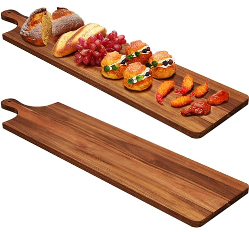 Bokon 2 tablas de embutidos de madera de acacia de 91 x 22,8 cm, tabla de servir de acacia con asa, bandeja rectangular de madera de acacia, bandeja de servir de madera natural para queso y alimentos