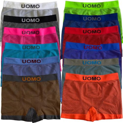 KROWN Pack de 12 Calzoncillos Boxer UOMO Talla M - L - XL Sin Costuras Ropa Interior Slip Hombre Sexy Calzones Bombacho Pantalones Cortos Calzón. Surtido de Colores a Rayas, Poliéster (XL)