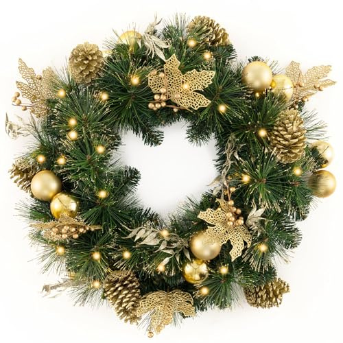 COSTWAY 60cm künstlicher Weihnachtskranz, Tannenkranz beleuchtet, Türkranz mit Beleuchtung, Adventskranz mit 35 warmweißen LEDs & goldenen Kieferzapfen & Beeren, batteriebetrieben, Grün