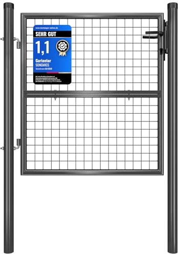 SONGMICS Portillon de Jardin Grillagé, en Acier Galvanisé, Clôture avec Serrure, Porte 106 x 100 cm (L x H), Tube Rond, Gris GGD150A01