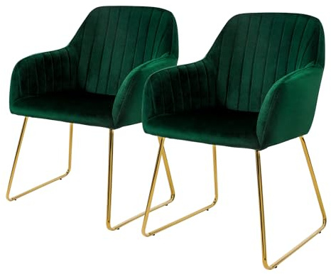 ML-Design Esszimmerstühle 2er Set, Sitzfläche aus Samt, Grün, Wohnzimmerstuhl mit Rücken- und Armlehnen, Küchenstuhl Gold Beine, Polsterstuhl mit Metallgestell, Ergonomische Sessel für Esstisch