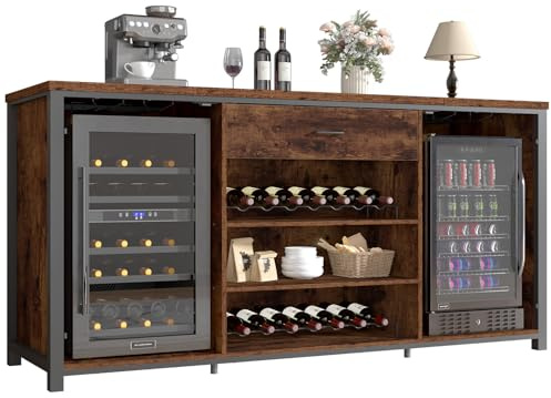 LVB 180cm Industrial Schwarz Weinbarschrank Barschrank aus Holz Metall | Mit Platz für einen Kühlschrank(Nicht Enthalten) mit Schubladen und Regal für Extra Stauraum, Ideal für Küche und Esszimmer
