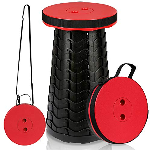 Daromigo Sgabello pieghevole portatile e telescopico con altezza regolabile e tracolla, carico 150 kg, per campeggio, escursionismo, pesca, viaggi, BBQ (rosso)