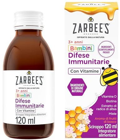 Zarbee's Sciroppo Difese Immunitarie Bambini Con Vitamine, Integratore Alimentare con miele puro, vitamina D e biotina, Multivitaminico per supportare il sistema immunitario, 120 ml
