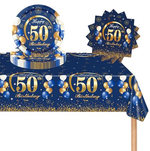 POPOYU 50. Geburtstag Partygeschirr Set,37 Stück Pappteller 9 Zoll Servietten Tischdecke 50. Geburtstag Frau,Blau Gold Geburtstagsdeko für 50. Geburtstag Frauen Männer Party Dekoration Partyzubehör