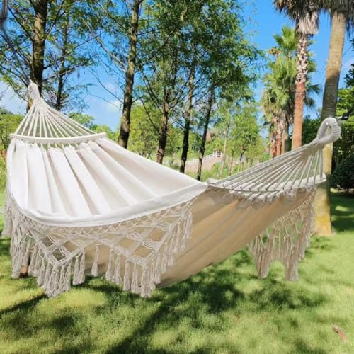 JUNYFFF Hängematte 300X150cm Max. Belastbarkeit 300 Kg, 1-2 Personen, Atmungsaktiv Fransen Wetterfest Camping Garten Tuchhängematte Mehrpersonen, Weiß
