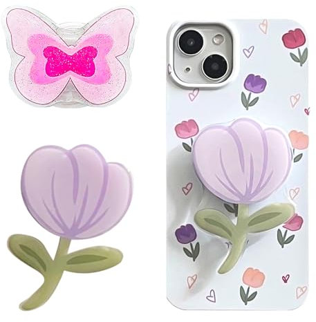 Ethlomoer - Poignées de téléphone papillon et tulipe - Lot de 2 - Support pliable pour téléphone portable, Kindle et smartphone - Rose