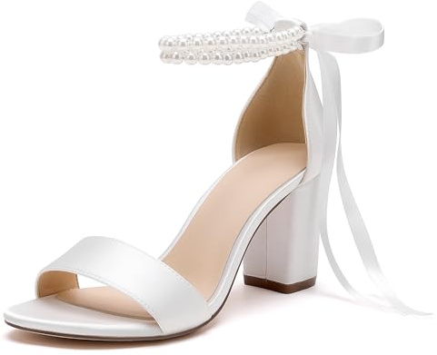 HKMFLYY Damen-Hochzeitsschuhe mit offenem Zehenbereich, Perlen für Braut, High Heels, Sandalen, Satin, Brautschuhe, Blockabsatz, Knöchelriemen, Abschlussball, Abend, Party, Schuhe, Elfenbein, 37 EU
