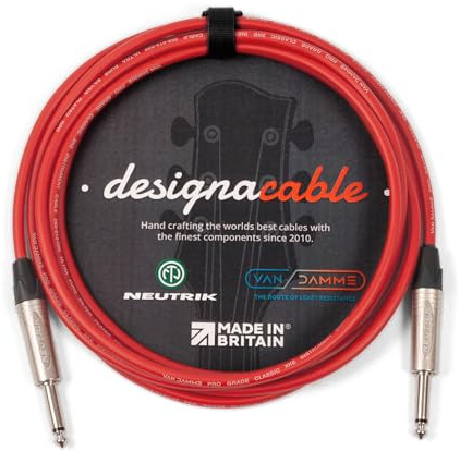 designacable.com 10m - Red Unbalanced Straight Jack Guitar Lead - Handmade in the UK using Van Damme XKE instrument cable & Neutrik NP2X 1/4 Mono Jacks.
