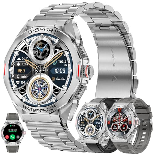 Smartwatch Uomo Chiamata Bluetooth e Risposta Vivavoce, 1,46” AMOLED 5ATM Smart Watch con 123 Modalità Sport Cardiofrequenzimetro Sonno Notifiche Messaggi Orologio Fitness per Android iOS (Argento)