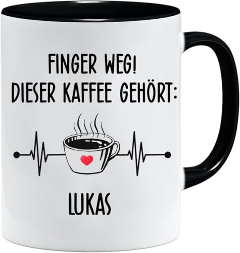 Tasse mit Spruch | Finger Weg! | Personalisiert mit Name | Wunschname personalisiert | Spülmaschinenfest | Lustige Geschenke für Arbeitskollegen im Büro Arbeit (Schwarz)