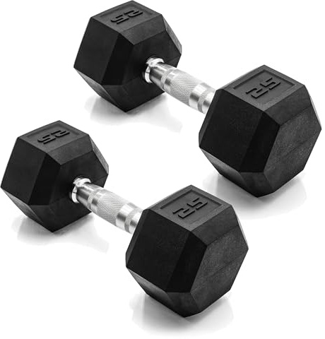 CAP Barbell 25 LB Rubber Coated Hex Dumbbell Hand Weight - Pair | Chrome Handle