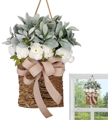 Front Door Wreath Hanging Basket, Hydrangea Door Hanging Basket Wreath | Boho Spring Wreath Welcome Sign - Boho Door Wreaths, Wall Decoration