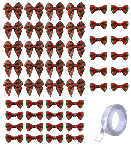 48 Pcs de nœuds de Noël pour l'emballage cadeau, ensemble de nœuds en ruban à carreaux rouges de 2 tailles (20 pièces 3x2,5 cm et 28 pièces 3x1,5 cm), mini nœuds décoratifs pour fournitures de