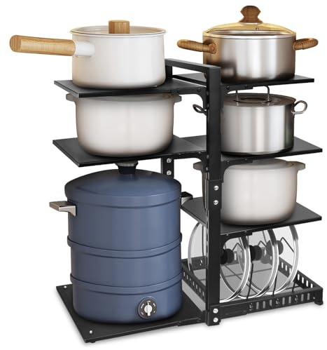 CASONNIK 6+1-Tier Adjustable Heavy Duty Pan Organizer Rack for Cabinet, Black Carbon Steel Kitchen Cookware Organizer