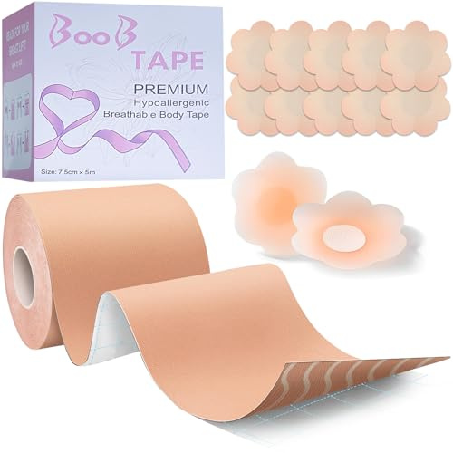 Brust Tape Klebe BH Push up, Große Brust Boob Tape, Rückenfrei Trägerloser Brusttape, 2 Wiederverwendbare Unsichtbar Silikon Brüste Nippelpads, Selbstklebende Body Tape für Brustlifting - Hautfarben