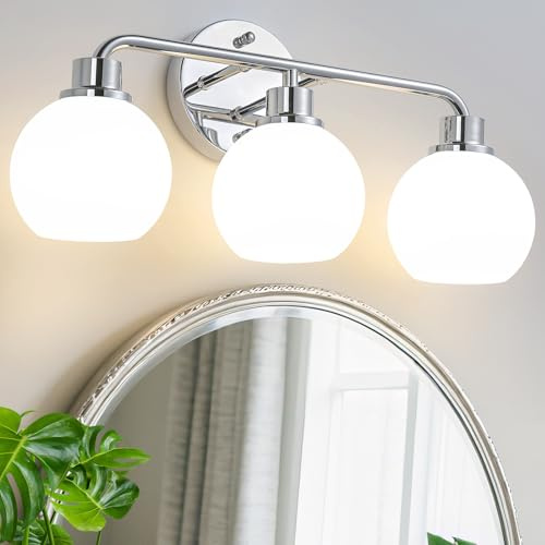 Watyo Chrome Vanity Light Bathroom Light Fixtures Over Mirror 3 Light Wall Sconces Lighting Silver Lights with Milk Globe Glass Shades Bath Wall Lamp for Mirror Kitchen Living Room Bedroom Hallway
