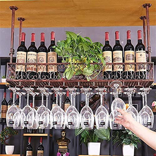 European Style Iron Hanging Wine Glass Rack with Brass Finish Decorative Stemware Holder Shelf for Bars 60×25cm (24×10inch)