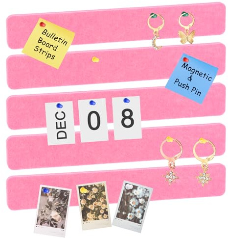 QUARKZMAN 5 Stück Filz Pinnwand Selbstklebend, 33cm x 5cm Pinnwände mit 35 Pinnadeln Pinnwand Bar Streifen Korkplatte Korkbrett Kleine Pinnwand für Notizen Büro, Pink