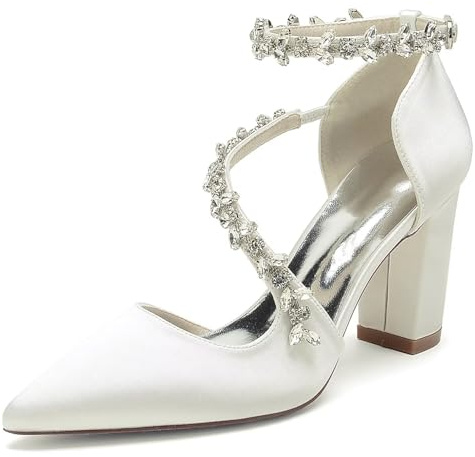 IvoireCh - Zapatos de novia de satén para mujer con tacón de bloque adornado con cristales, tacones gruesos de 3 pulgadas con punta cerrada y puntiaguda para novia, egreso y fiestas de cóctel, Marfil