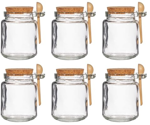 Fyne-Finds Set of 6 Glass Jars Airtight Cork Top, Wooden Spoon 250ML, 0.25L MultiPurpose Storage Herb Spices Kitchen Gift