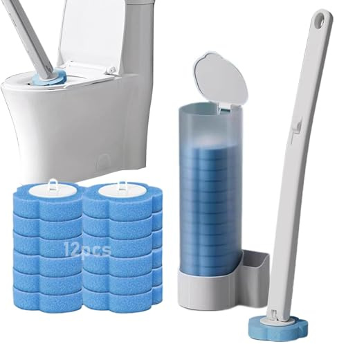 Scopino per WC usa e getta, con 12 ricariche, sistema di pulizia usa e getta con supporto per la pulizia del bagno (set di spazzola + 12 testine (oceano)