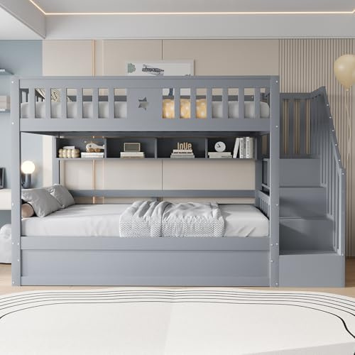 Etagenbett 90x200 fur 2 Kinder,Kinderbett Hochbett mit Treppe&Bücherregal&Bettkasten&Aufbewahrungsschrank,Hydraulisches Bett Funktionsbett Stockbett Kinderhochbett Jugendhochbett mit Lattenrost,Grau