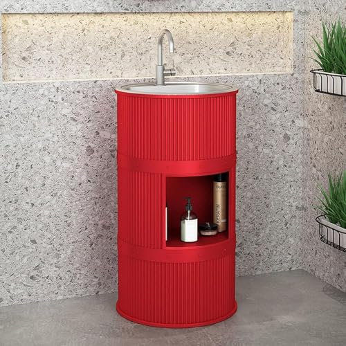 Lavandino a Colonna Moderno in Ferro Battuto, Mobile da Bagno con Lavabo in Acciaio Inox, Lavandino su Piedistallo Freestanding Set con Rubinetto e Scarico con co(Size:con contenitore,Color:Rosso)