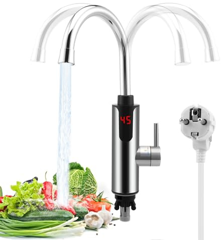 Chauffe-eau instantané en acier inoxydable - 3300 W - Robinet de cuisine électrique sans réservoir - Avec affichage de la température LCD - Robinet en acier inoxydable pour cuisine (A)