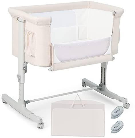 3 in 1 Next to Me Crib, Folding Baby Bassinet Bedside Sleeper for Newborn with Mattress Travel Bag, Adjustable Heights Lockable Wheels Rock Breathable Mesh, Easy to Assemble (Beige)