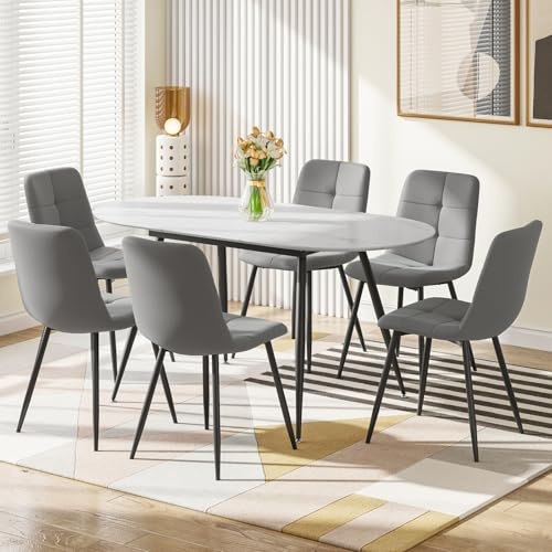Luxstein Extendable Dining Table and Chairs Set 6, 120-160cm Oval Marble Effect Table with 6 Grey Upholstered Linen Chairs for Dining Room, Kitchen