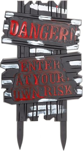 Halloween Outdoor Decoration Sign – “Danger Enter at Your Own Risk” Warning Plaque with Stakes – Scary Weatherproof Plastic Garden Prop, Distressed Wood Effect – Yard or Pathway Ornament 53.5cm x 29cm
