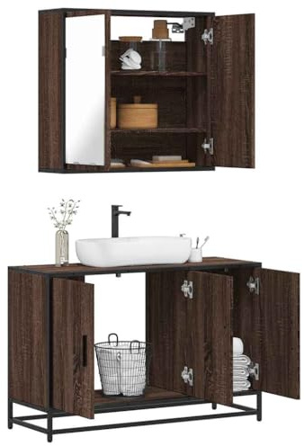 IBUQDDV Mobile Bagno con Specchio e Lavabo in Rovere Marrone, Struttura Metallo Industriale, Mobile da Parete per Bagno con Ampio Spazio di Archiviazione, Resistente all'Umidità
