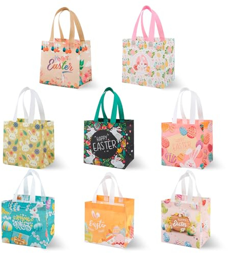 8 Stück Set osterkörbchen, Ostertüten zum Befüllen - Bunte Geschenktüten Ostern mit Henkel aus Vliesstoff - Robuste Taschen für Ostergeschenke - Osternester Jungen Mädchen Party Deko Motive
