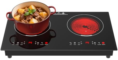 WABK Double Ceramic Hob, 3600W Electric Hob Plug in 60 cm | Built-in and Countertop Cooker Hob with Touch Control, 9 Power Levels, Timer, All Cookware Compatible for Camping, Caravans
