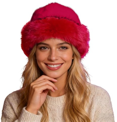 Fellmütze Damen Pelzmütze mit Kunstfuchs-Bommel, Weiche Plüsch Wintermütze für Damen Russenmütze, Warme Russische Mütze Fischerhut für Skifahren, Reisen & Outdoor