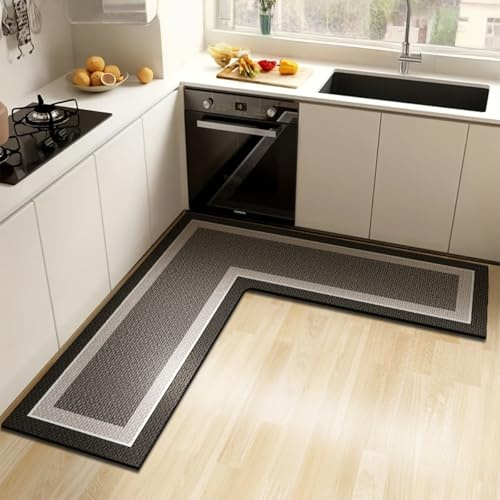 Hixingo Tapis Cuisine Devant Evier Lavable Antidérapant en Forme en L, Style Moderne Tapis d'angle Absorbant à Séchage Rapide pour Buanderie, Cuisine, Salle de Bain (Gris foncé,120x120cm)