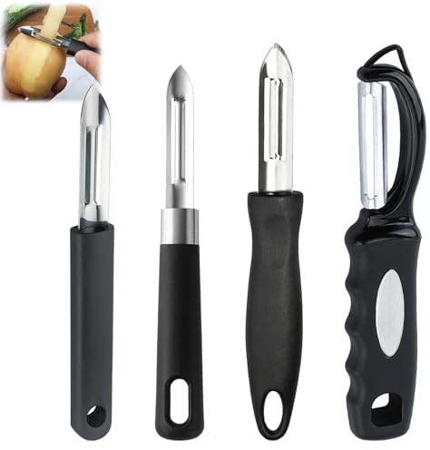 Katyjun 4er Set Sparschäler mit Rutschfestem Griff für Ermüdungsfreies Arbeiten Wmf Sparschäler Kartoffelschäler für Küche & Camping - Gemüseschäler aus Edelstahl in Schwarz