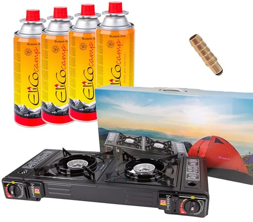 CampSup 2-flammiger Campingkocher mit Piezozündung, für MSF-1A Butan-Kartuschen & Gasflasche, inkl. 4 x Gaskartusche 393 ml/220 g, 5 kW, tragbar mit Sicherheitsverriegelung